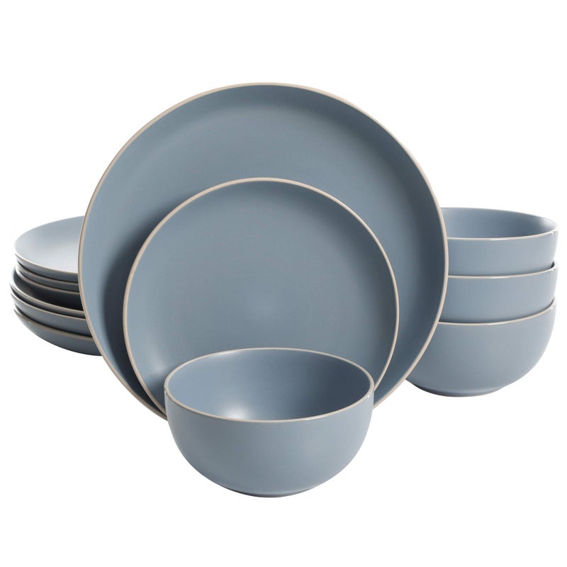 Gibson Home Rockaway 12-Piece Round Stoneware Dinnerware Set, Service for 4 â€“ Blue Plates and Bowls, Microwave & Dishwasher Safe - Image 1